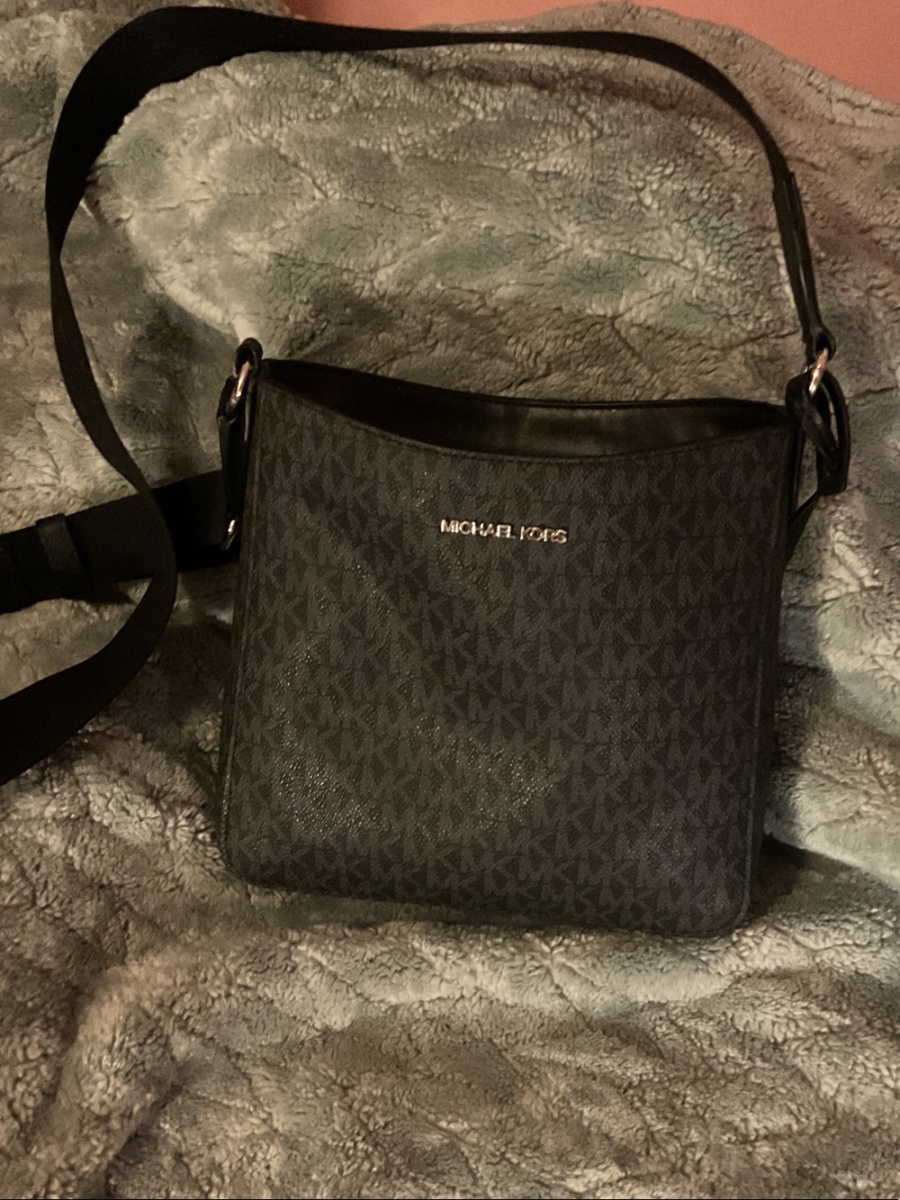 Michael Kors Black Monogram Messenger Bag with Gold Logo